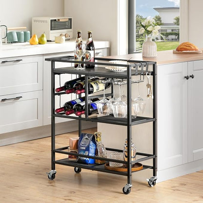 MAHANCRIS Bar Cart for Home, 3-Tier Serving Cart with Wheels and Handle, Beverage Cart with Wine Rack and Glass Holders, Rolling Wine Cart for Kitchen, Dining Room, Charcoal Gray and Black RCHT6101