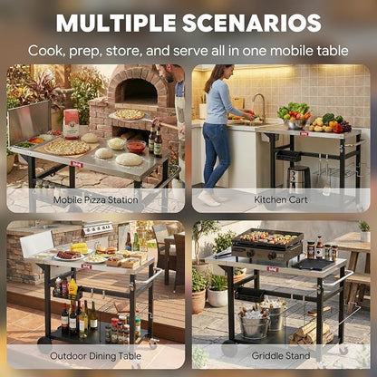 Feasto Outdoor Pizza Prep Cart with Topping Station & Stainless Steel Top | Integrated Pizza Topping Station with Lid, Food-Grade Prep Tabletop, Lockable Wheels (2x1.5L+2x0.9L Containers Included)