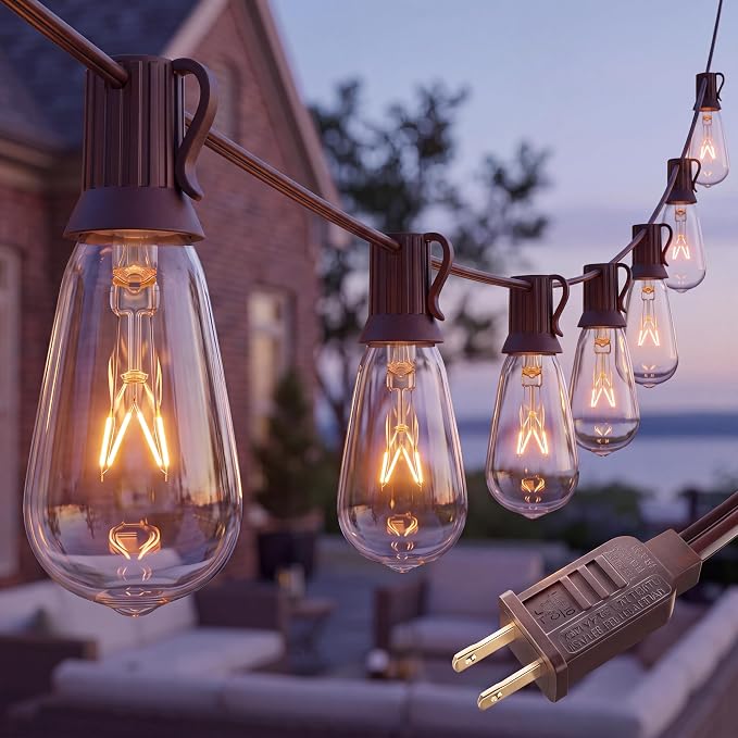 20Ft Outdoor Patio String Lights with 22 Clear Vintage Light Bulbs (2 Spare), E17 Base ST40 Outdoor Edison String Lights Waterproof UL Listed for Indoor Garden Backyard Party Porch Decor, 7W - Brown