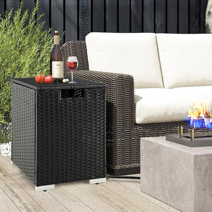 Tangkula Outdoor Propane Tank Cover Table, Patiojoy Wicker Hideaway Table for Gas Fire Pits, 20 lbs Propane Tank Storage Box, Outdoor Wicker Side Table & Propane Tank Holder (Black)