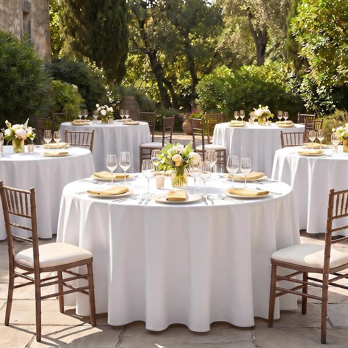 Fitable 8 Pack White Round Tablecloths - 120 Inches in Diameter | Wrinkle & Stain Resistant, Washable Polyester Fabric Cloth Cover, For Wedding, Party, Banquet, Formal Events