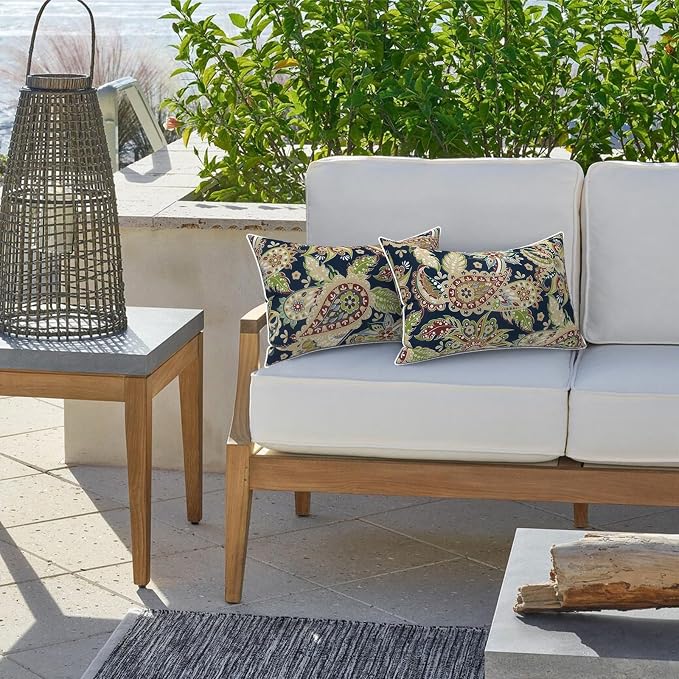 LVTXIII 2 Pack Outdoor Lumbar Pillow Covers 12x20 Inch with Piping, Water-Repellent Back Cushion Covers ONLY for Patio Furniture, Sofa, Garden Bench, Paisley Bloom