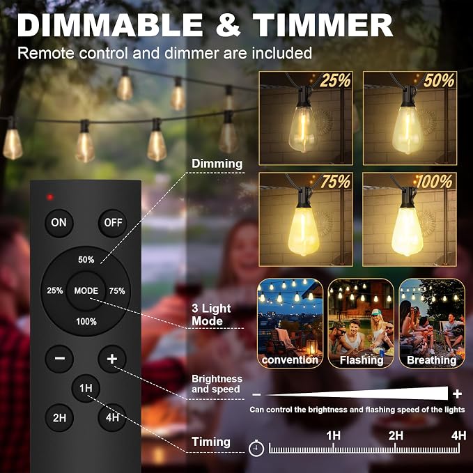 Outdoor String Lights 100FT with 64 Bulbs 1.5FT Spacing, 120W Dimmer,Remote | 120W Dimmer, Remote, Dimmable, Cable Ties, 1.5FT Spacing, End-to-End Connectable, Waterproof for Patio Outside Backyard