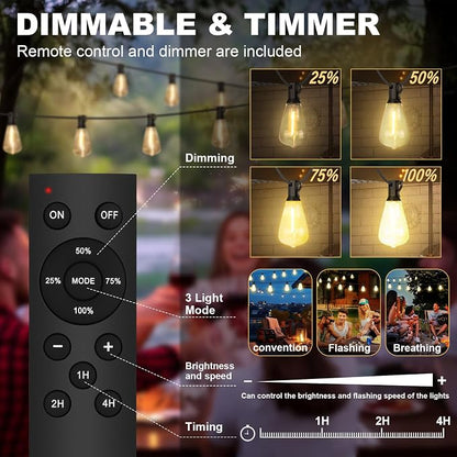 Outdoor String Lights 100FT with 64 Bulbs 1.5FT Spacing, 120W Dimmer,Remote | 120W Dimmer, Remote, Dimmable, Cable Ties, 1.5FT Spacing, End-to-End Connectable, Waterproof for Patio Outside Backyard