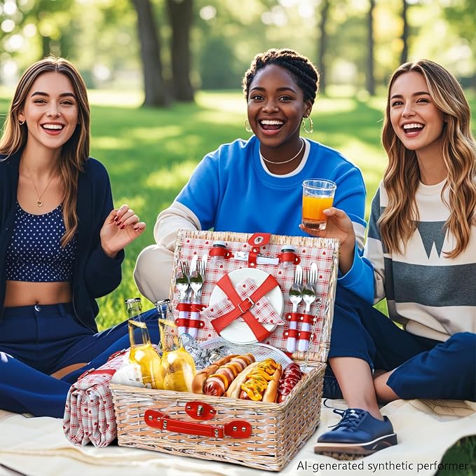 Wicker Picnic Basket Set for 4, Blanket, Cooler Bag, Red Heart | Four-Person Wicker Set Includes Tableware, Insulated Food Storage and Waterproof Blanket for Parks, Camping, Dates and Gifts