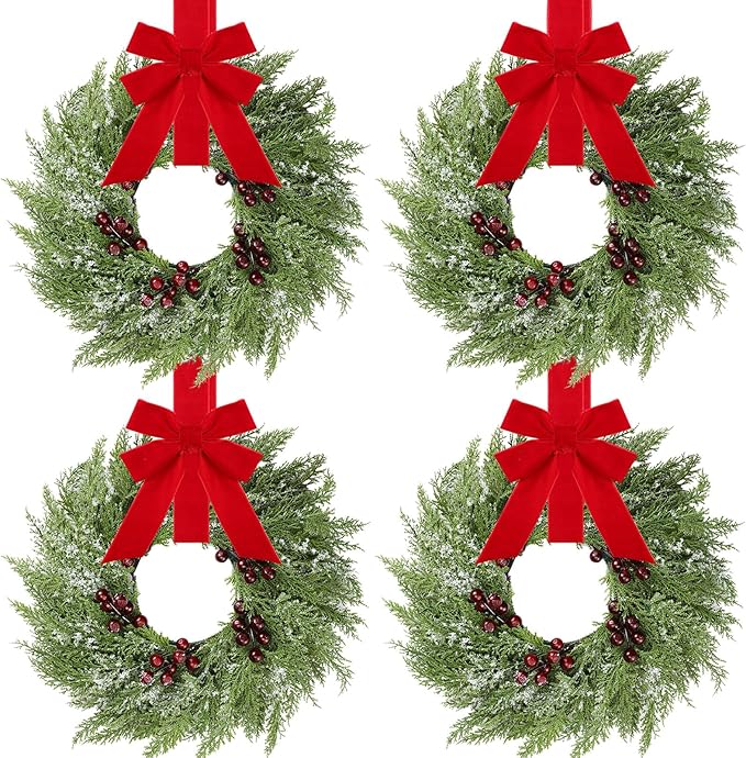 4 Pcs Small Christmas Norfolk Wreaths 15 Inch Christmas Kitchen Cabinet Mini Wreath with Bow Ribbon Cedar Berry for Xmas Front Door Window Chair Fireplace Table Pillar Farmhouse