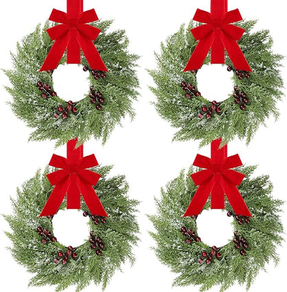 4 Pcs Small Christmas Norfolk Wreaths 15 Inch Christmas Kitchen Cabinet Mini Wreath with Bow Ribbon Cedar Berry for Xmas Front Door Window Chair Fireplace Table Pillar Farmhouse