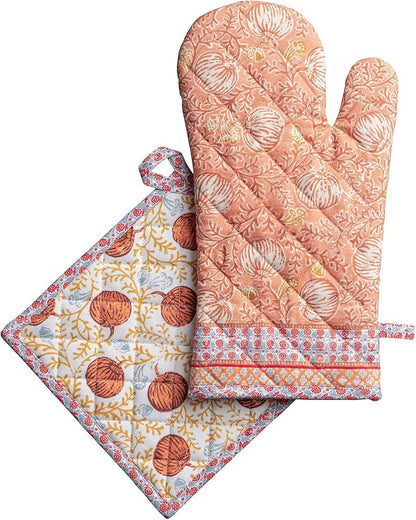 Maison d' Hermine 100% Cotton Oven Mitt & Pot Holder Set (7.5"x13" & 8"x8") | Heat Resistant BBQ Cooking Gloves with Loop Baking Kitchen Hotel Home Farmhouse Thanksgiving Christmas - Harvest Festival