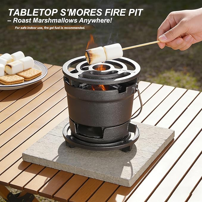2-in-1 Hibachi Grill Outdoor, Pre-Seasoned Cast Iron, Tabletop MINI Portable Charcoal Grill for Camping - w/Draft Door, 2PCS Grates 6.3"