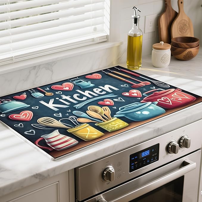 Heat-Resistant Glass Stove Top Cover with Anti-Slip Rubber Coating – Electric Stove Protector, Scratch-Resistant, Counter Space Decor Mat (Kitchen-Blue, 28.5"L x 20.5"W)