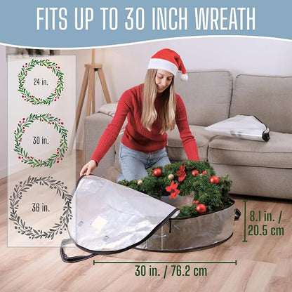 VENO 4 Pack Summer Wreath Storage Container, 30 Inch Clear Wreath Bag, Spring, Christmas Garland Decoration Organizers with Zipper and Durable Handles (Clear, 30"-4 Pack)