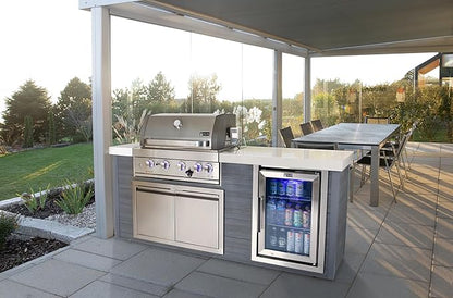 Mont Alpi Artwood Series - 78"W x 47"H x 27"D All Weather HDPE Outdoor Kitchen Island with Refrigerator & Double Access Doors + 32"W Stainless Steel 4-Burner Built-in BBQ Gas Grill with Rotisserie Kit