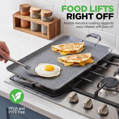 NutriChef Double Burner Griddle | Flat Top Griddle for Stove Top | Nonstick marble-coated griddle pan with extra-large easy to clean cooking surface, perfect for pancakes and tortillas