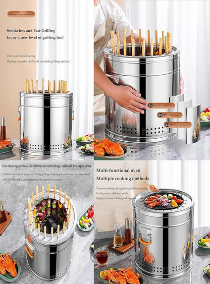 Outdoor Portable Stainless Steel Barrel Grill, Heavy-Duty Round Charcoal BBQ Stove,360° Smokeless Outdoor Barbecue Grill,with Sturdy Handle, for Meat Seafood Grilling(Double,Small)