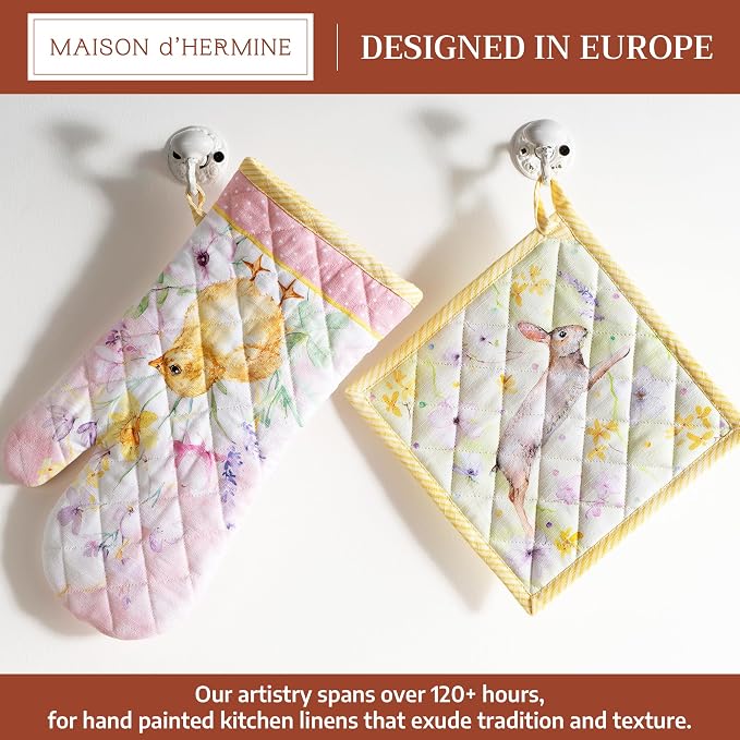 Maison d' Hermine 100% Cotton Oven Mitt & Pot Holder Set (7.5"x13" & 8"x8") | Heat Resistant BBQ Cooking Gloves with Loop Baking Grilling Kitchen Hotel Home Farmhouse Spring Summer - Easter Zest