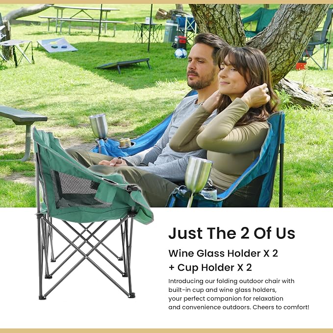 ARROWHEAD OUTDOOR Portable Folding Double Duo Camping Chair Loveseat | 2 Cup and Wine Glass Holder, Carrying Bag, Supports up to 500lbs, Beach, Tailgating, Fishing, Patio, Hunting, Backyard