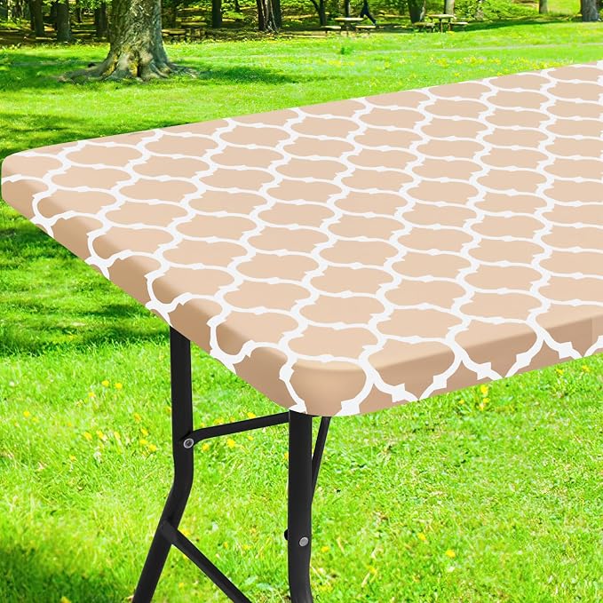 Smiry Picnic Fitted Table Cover, 6 Foot Flannel Backed Vinyl Tablecloth | Waterproof Elastic Stretch Table Cloth, Wipeable Plastic Tablecloth for Camping, Indoor & Outdoor (Khaki, 42" x 72")