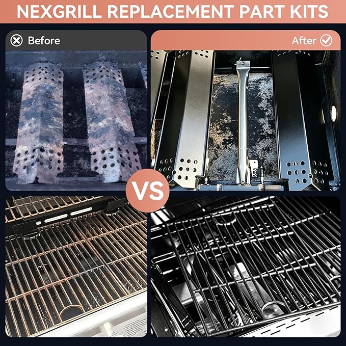 Grill Parts Kit for Home Depot Nexgrill 4 Burner 720-0830H & 5 Burner 720-0888/720-0888N, Porcelain Steel Heat Plates Flame Tamers, Porcelain Cast Iron Grates Gas Grill Replacement Parts, 13 x 17 Inch