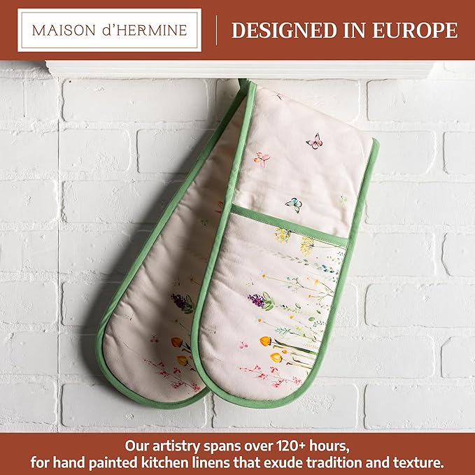 Maison d' Hermine Double Oven Mitts 100% Cotton 7"x35" Double Oven Mitt Heat Resistant BBQ Cooking Gloves with Loop Baking Grilling Kitchen Hotel Home Farmhouse Spring Summer (Botanical Fresh)