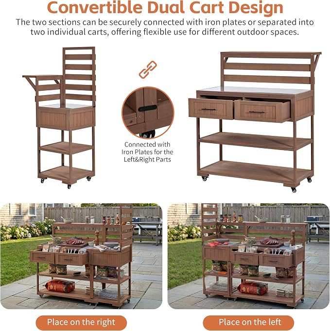 Outdoor Kitchen Cart with Stainless Steel Top, 62.3 Inch | Fir wood frame, stainless surface, raised shelf, fixed shelf, 2 lockable wheels, split-use design, BBQ prep, patio garden use