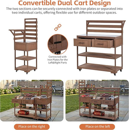 Outdoor Kitchen Cart with Stainless Steel Top, 62.3 Inch | Fir wood frame, stainless surface, raised shelf, fixed shelf, 2 lockable wheels, split-use design, BBQ prep, patio garden use