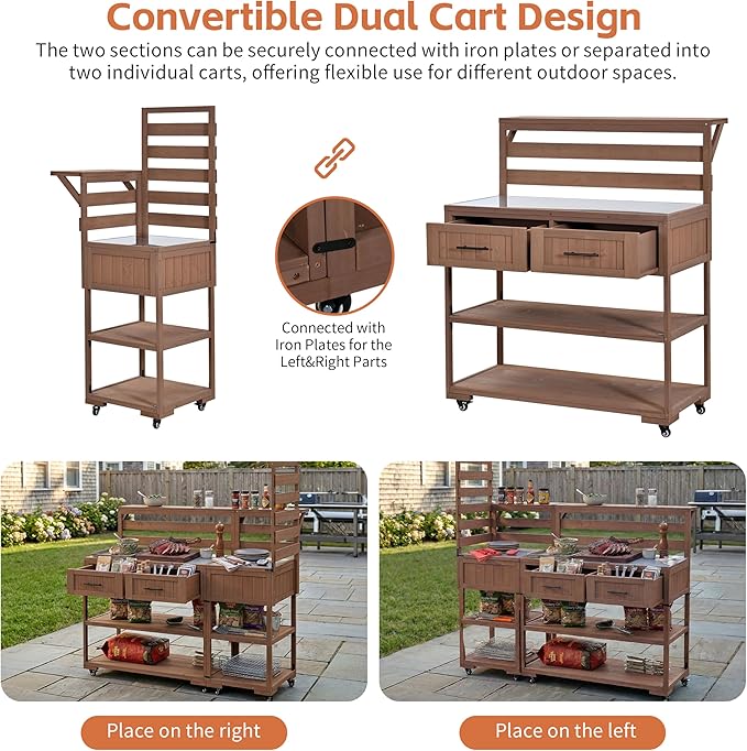 GDFStudio Elshire Patio Kitchen Island Cart with Storage, Wooden Outdoor Storage Cabinet with Stainless Steel BBQ Prep Table Top, Drawers, Raised Shelf and Lockable Wheels, Garden Potting Bench, Brown