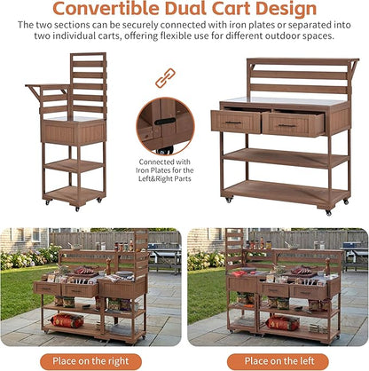GDFStudio Elshire Patio Kitchen Island Cart with Storage, Wooden Outdoor Storage Cabinet with Stainless Steel BBQ Prep Table Top, Drawers, Raised Shelf and Lockable Wheels, Garden Potting Bench, Brown