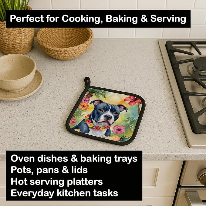 Caroline's Treasures Staffordshire Bull Terrier Luau Pair of Pot Holders Kitchen Heat Resistant Pot Holders Sets Oven Hot Pads for Cooking Baking BBQ, 7 1/2 x 7 1/2