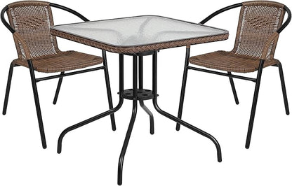 Flash Furniture Lila 3-Piece 28" Square Indoor/Outdoor Patio Table and Chairs Set, Glass Metal Bistro Table and 2 Stacking Rattan Chairs, Brown