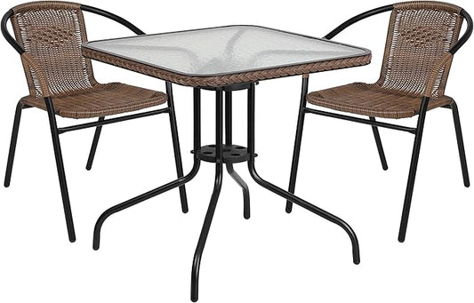 Flash Furniture Lila 3-Piece 28" Square Indoor/Outdoor Patio Table and Chairs Set, Glass Metal Bistro Table and 2 Stacking Rattan Chairs, Brown