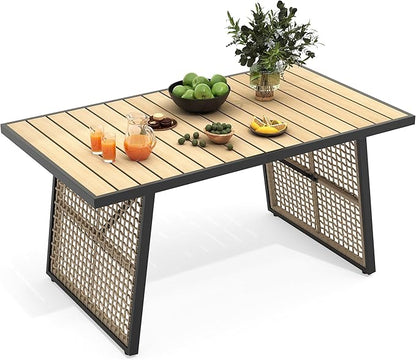 YITAHOME Outdoor Patio Dining Table for 4-6, Rectangular Table with Faux Wood Tabletop, Outside Table for Patio Balcony Porch Poolside - Black & Nature Wood