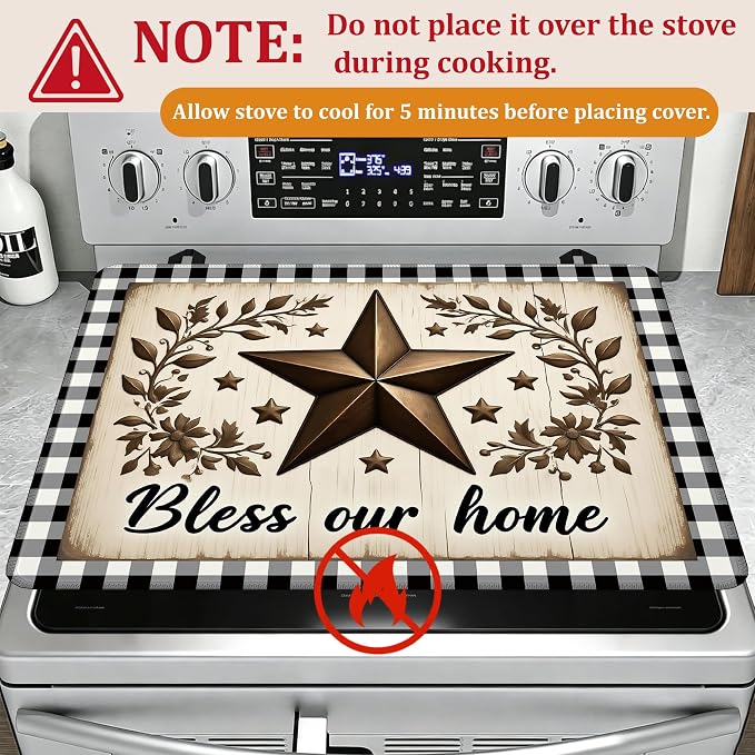 Rustic Wood Star Glass Top Stove Cover Protector,Farmhouse Heat Resistant Stove Top Cover, Large Size Range Covers for Electric Stove Countertop Mat, 28 x 20 Inch