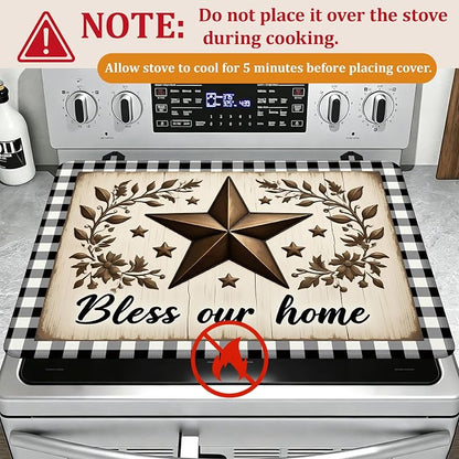 Rustic Wood Star Glass Top Stove Cover Protector,Farmhouse Heat Resistant Stove Top Cover, Large Size Range Covers for Electric Stove Countertop Mat, 28 x 20 Inch