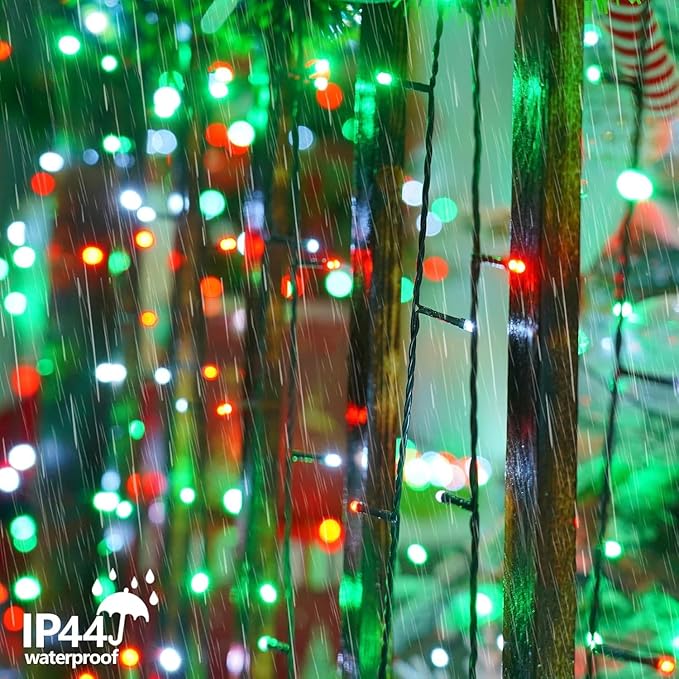 YEGUO 66ft 200 LED String Lights Outdoor Waterproof, 8 Modes Red White and Green Christmas Lights Plug in, Green Wire Twinkle Tree Lights Indoor with Timer Memory