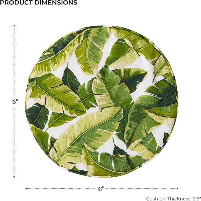 Set of 2 Outdoor 18 inch Round Patio Dining Chair Pads – Comfortable Fiber-Filled Seat Cushions with Ties, Reversible Polyester Fabric - Palm Leaves White