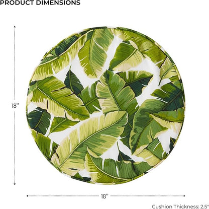 Set of 2 Outdoor 18 inch Round Patio Dining Chair Pads – Comfortable Fiber-Filled Seat Cushions with Ties, Reversible Polyester Fabric - Palm Leaves White
