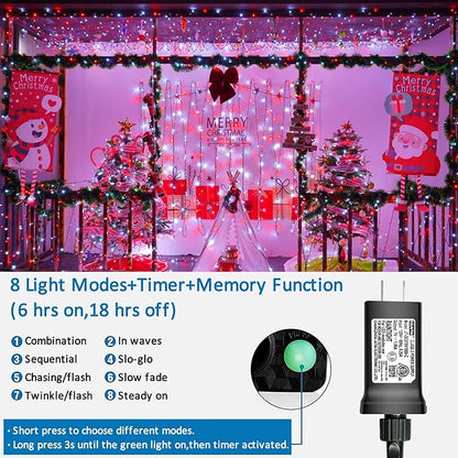 YEGUO 66ft 200 LED String Lights Outdoor Waterproof, 8 Modes Red and White String Lights Plug in, Green Wire Twinkle Tree Lights Indoor with Timer Memory