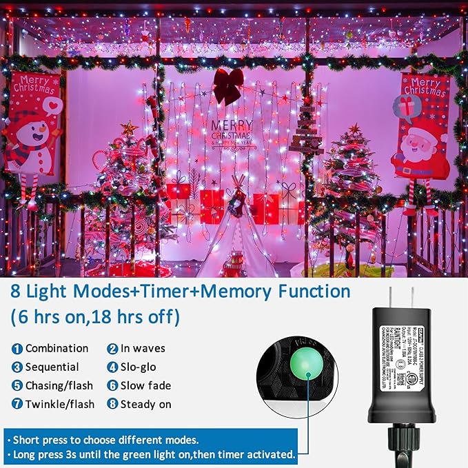 YEGUO 165ft 500 LED String Lights Indoor, Red and White Christmas Light Outdoor Waterproof, 8 Modes Green Wire Plug in with Timer Memory