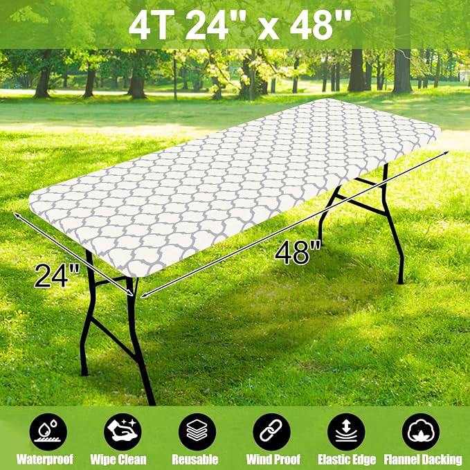 Smiry Picnic Fitted Table Cover, 4 Foot Flannel Backed Vinyl Tablecloth | Waterproof Elastic Stretch Table Cloth, Wipeable Plastic Tablecloth for Camping, Indoor & Outdoor (Beige, 24" x 48")