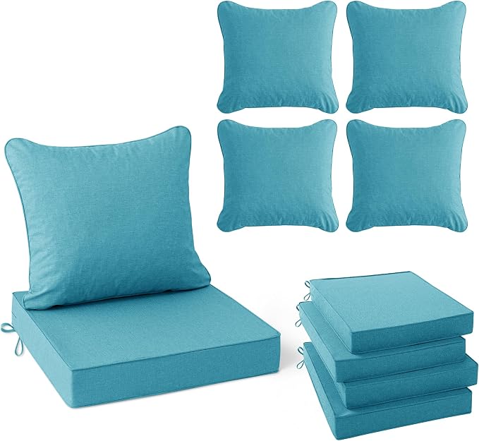 Summsun Faux Linen Outdoor Chair Cushions, Water Resistant Backrest and Seat Cushion Set with Removable Cover, Straps, Non-Slip Bottom for Patio Furniture, 19 x 19 Inch, Teal, Set of 4
