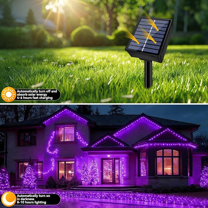 Solar String Lights Outdoor Waterproof 2 Pack Total 66ft 200LED Purple | 8 Modes Twinkle Lights Solar Fairy Lights for Patio, Garden Yard Party Wedding Tree Christmas Halloween Decoration