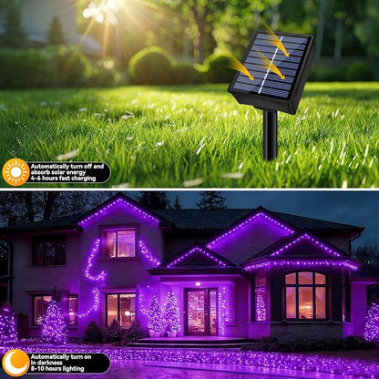 Solar String Lights Outdoor Waterproof 2 Pack Total 66ft 200LED Purple | 8 Modes Twinkle Lights Solar Fairy Lights for Patio, Garden Yard Party Wedding Tree Christmas Halloween Decoration