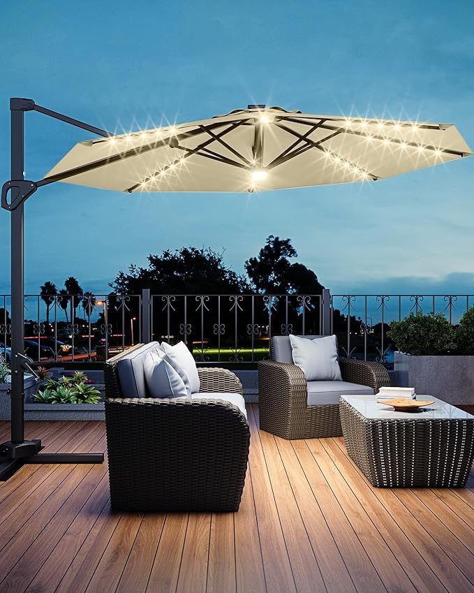 GarveeLife 10FT Patio Umbrella Outdoor Solar LED Large Cantilever Umbrella Market Sun Shade Windproof Offset Umbrella with 360-Degree Rotation for Garden Deck Pool Patio