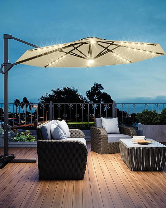 GarveeLife 10FT Patio Umbrella Outdoor Solar LED Large Cantilever Umbrella Market Sun Shade Windproof Offset Umbrella with 360-Degree Rotation for Garden Deck Pool Patio