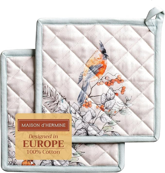 Maison d' Hermine Pot Holders Set 100% Cotton Heat Resistant Potholders 8" x 8" Hot Pads with Loop for Thanksgiving Christmas Decorations Baking Handling Hot Pans (Pack of 2, Whitish Shabby Chique)