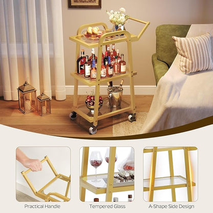 Bar Cart, 3-Tier Serving Cart for Home, Mobile Drink Cart with Wheels, Rolling Kitchen Cart, for Home Bar, Party, Living Room, Gold BC07GD