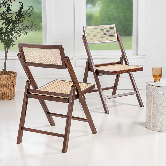 JONATHAN Y Theo Teak Wood and Rattan Folding Chairs, Set of 2, Dark Brown | Woven Cane Seat And Back, Portable Lightweight Design, For Dining And Living Room, Mid-Century Vintage Bohemian Style