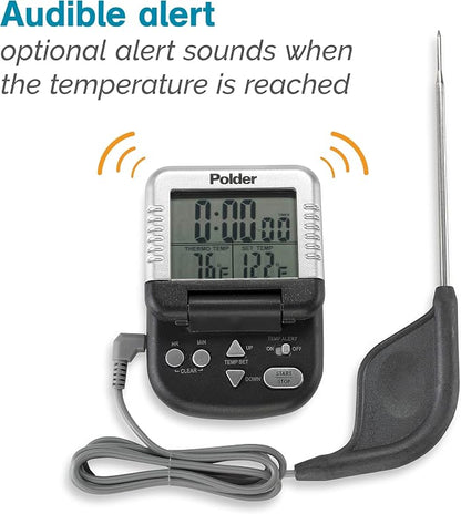Polder Classic Digital Thermometer and Timer, Meat Thermometer for Cooking, Stainless Steel Probe, 24-Hour Countdown Timer with 40" Long, High-Heat Silicone Cord