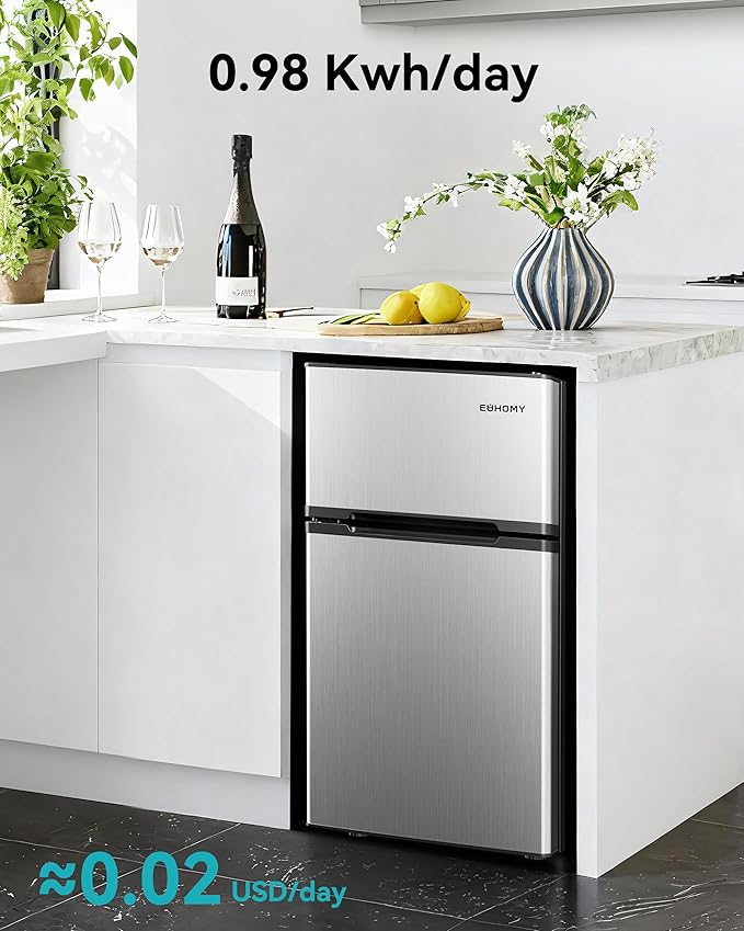 EUHOMY 3.2 Cu.Ft. Refrigerator with Freezer, 2 Door Fridge, Adjustable Thermostat，Large Capacity, Refrigerator for Kitchen/Dorm/Office/Apartment - Food Storage or Cooling drinks, Silver