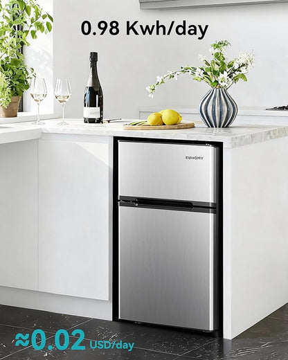 EUHOMY 3.2 Cu.Ft. Refrigerator with Freezer, 2 Door Fridge, Adjustable Thermostat，Large Capacity, Refrigerator for Kitchen/Dorm/Office/Apartment - Food Storage or Cooling drinks, Silver